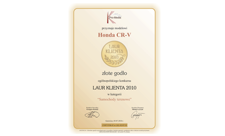 Ceryfikat Laur Klienta 2010 dla Honda CR-V